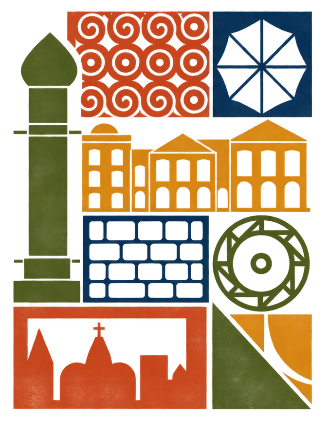 Ilustração com símbolos do Recife: coluna, casario, ladrilhos e igreja